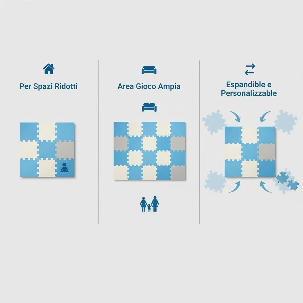 Tappeto Puzzle Antiscivolo Tappetino Multiuso per Fitness Palestra/Bambini 29,5x29,5 cm Morbido e Atossico in Gomma EVA Schiuma 30x30 Tappetone Gioco per Gattonare (9 Pezzi-Blu/Grigio)