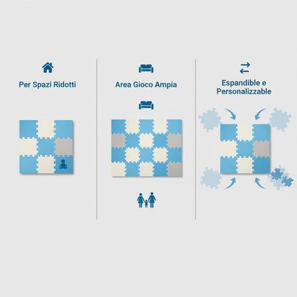 Tappeto Puzzle Antiscivolo Tappetino Multiuso per Fitness Palestra/Bambini 29,5x29,5 cm Morbido e Atossico in Gomma EVA Schiuma 30x30 Tappetone Gioco per Gattonare (9 Pezzi-Blu/Grigio)
