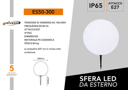 Lampada Sfera Da Giardino Ø 30Cm Luce Esterno Palla Terra E27 Bianco + Picchetti Illuminazione Sentiero Faro Arredamento Feste