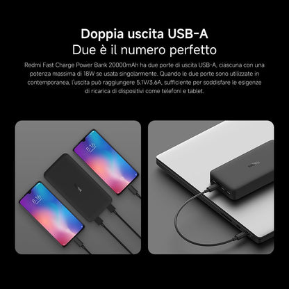 Xiaomi Redmi PowerBank 20000 mAh Fast Charge Black Ricarica Rapida comp. iPhone