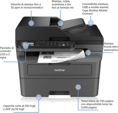 BROTHER STAMPANTE MULTIFUNZIONE LASER MFC-L2800DW WIFI LAN USB SCANNER 32PPM