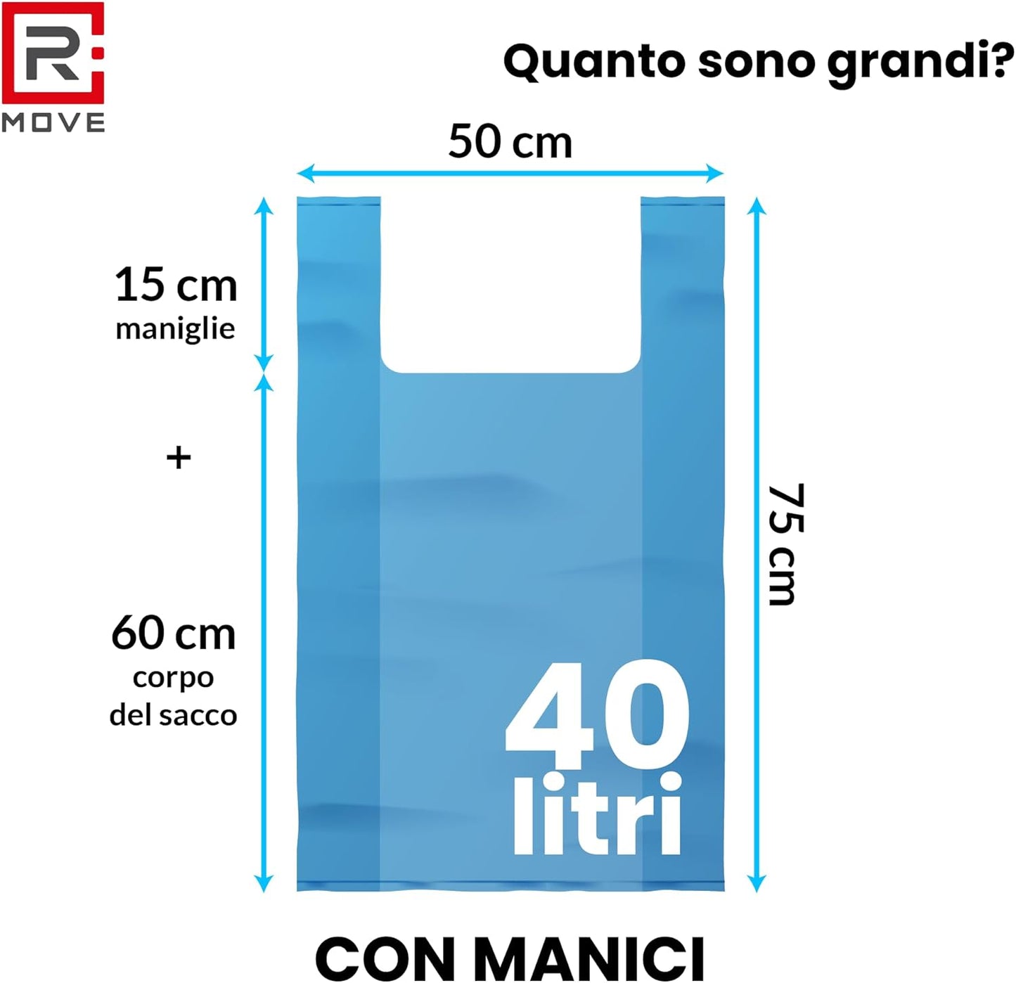 RMOVE 90 Sacchi Spazzatura 50x75 Rotoli Sacchetti Blu Indifferenziata Rifiuti Con Manico