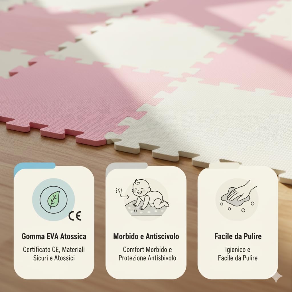 Tappeto Puzzle Antiscivolo Tappetino Multiuso per Fitness Palestra/Bambini 29,5x29,5 cm Morbido e Atossico in Gomma EVA Schiuma 30x30 Tappetone Gioco per Gattonare (9 Pezzi-Rosa/Grigio)