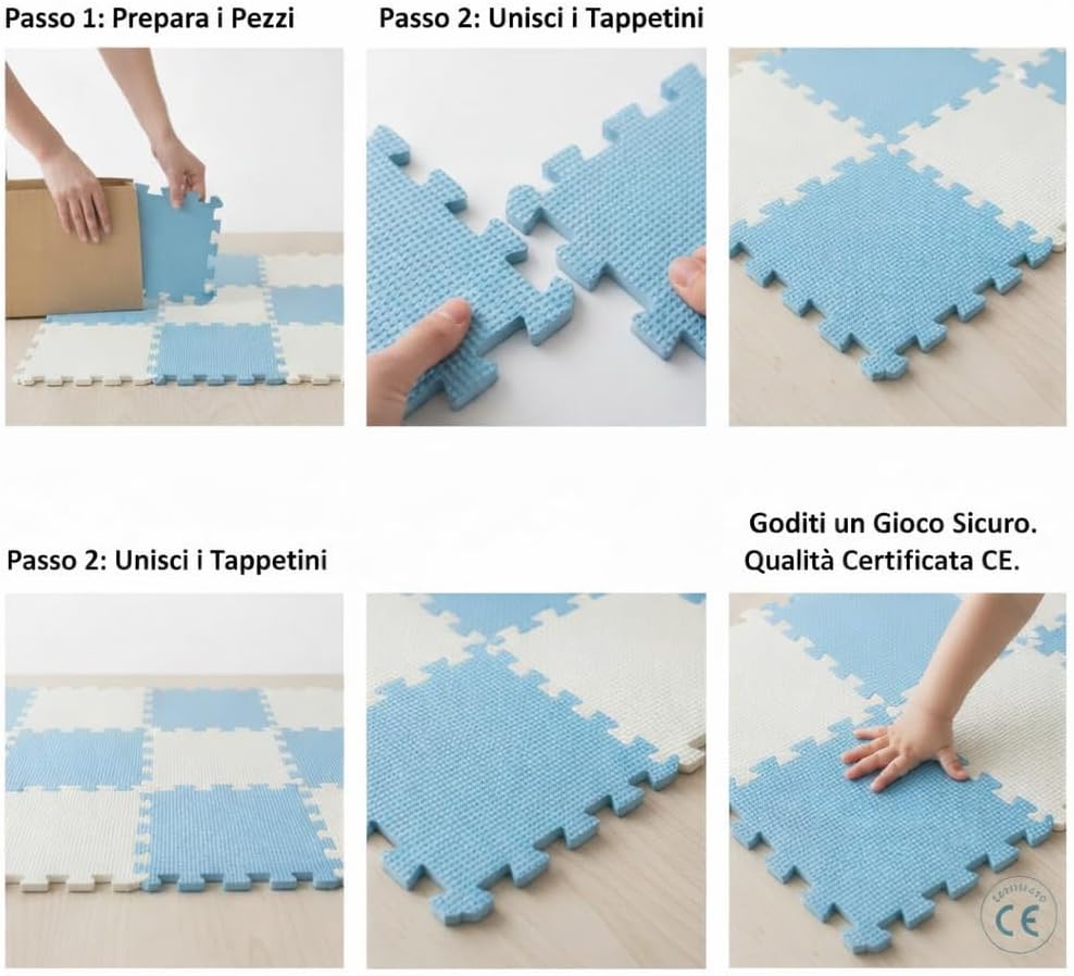 Tappeto Puzzle Antiscivolo Tappetino Multiuso per Fitness Palestra/Bambini 29,5x29,5 cm Morbido e Atossico in Gomma EVA Schiuma 30x30 Tappetone Gioco per Gattonare (9 Pezzi-Blu/Grigio)