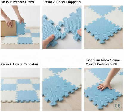 Tappeto Puzzle Antiscivolo Tappetino Multiuso per Fitness Palestra/Bambini 29,5x29,5 cm Morbido e Atossico in Gomma EVA Schiuma 30x30 Tappetone Gioco per Gattonare (9 Pezzi-Blu/Grigio)