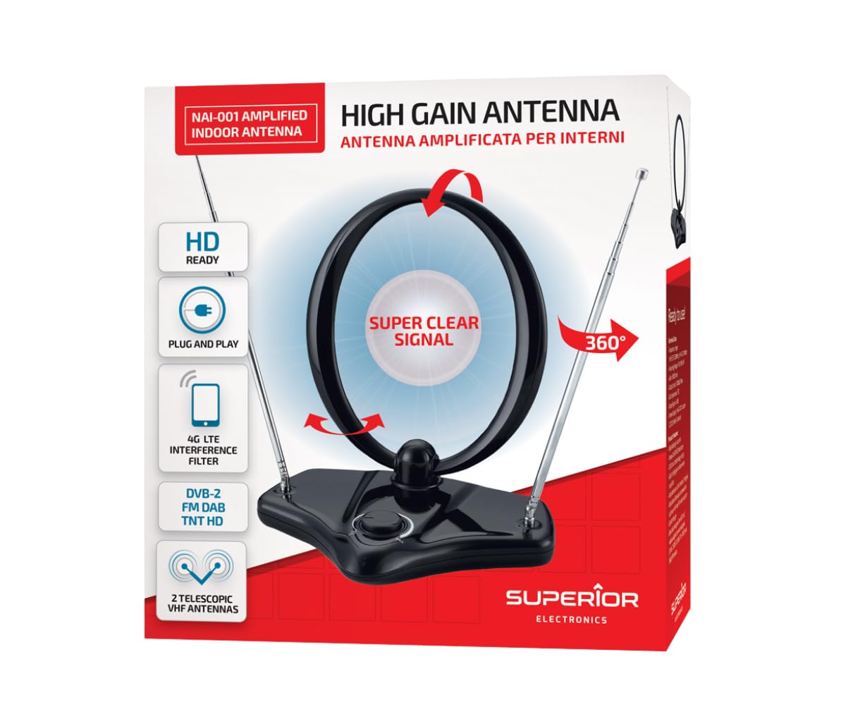 Superior Electronics Antenna TV da Interni Amplificata - Indoor Pro, HD/Full HD/Ultra HD, DVB-T2 Ready, Filtro 5G LTE Casa Camper - SUPNAO001 (Copia)