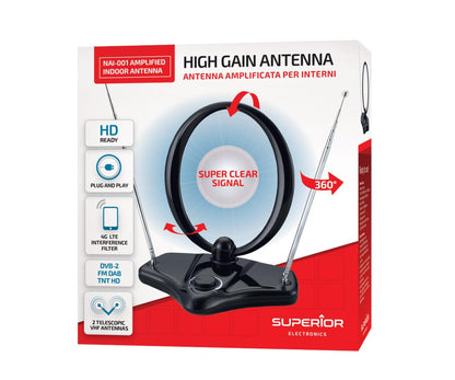 Superior Electronics Antenna TV da Interni Amplificata - Indoor Pro, HD/Full HD/Ultra HD, DVB-T2 Ready, Filtro 5G LTE Casa Camper - SUPNAO001 (Copia)