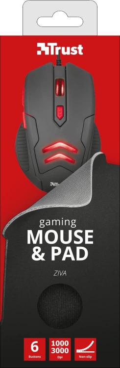 Trust Mouse Gaming Wired + Tappetino Pad Ziva 6 Pulsanti Illuminato Led Da Gioco