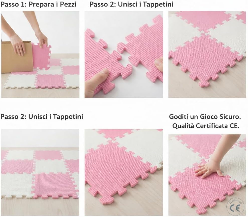 Tappeto Puzzle Antiscivolo Tappetino Multiuso per Fitness Palestra/Bambini 29,5x29,5 cm Morbido e Atossico in Gomma EVA Schiuma 30x30 Tappetone Gioco per Gattonare (9 Pezzi-Rosa/Grigio)