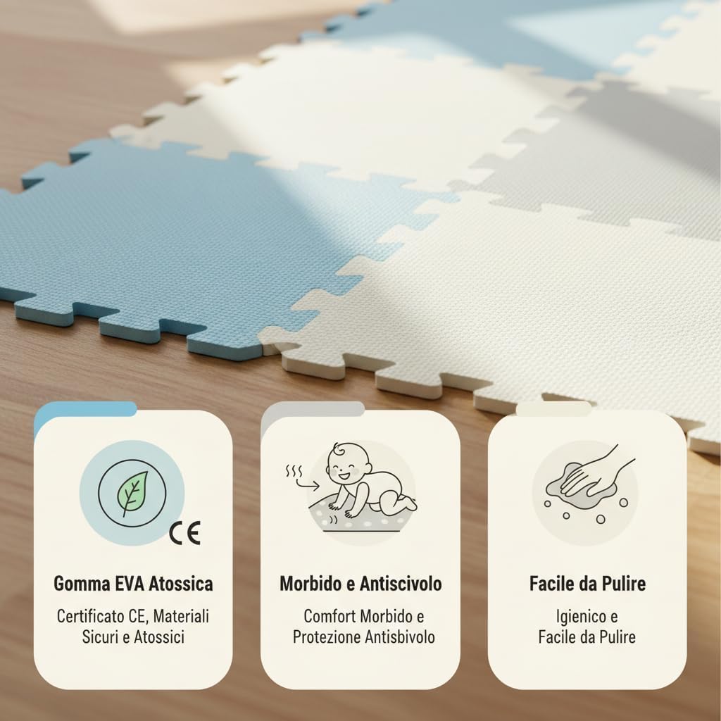 Tappeto Puzzle Antiscivolo Tappetino Multiuso per Fitness Palestra/Bambini 29,5x29,5 cm Morbido e Atossico in Gomma EVA Schiuma 30x30 Tappetone Gioco per Gattonare (9 Pezzi-Blu/Grigio)
