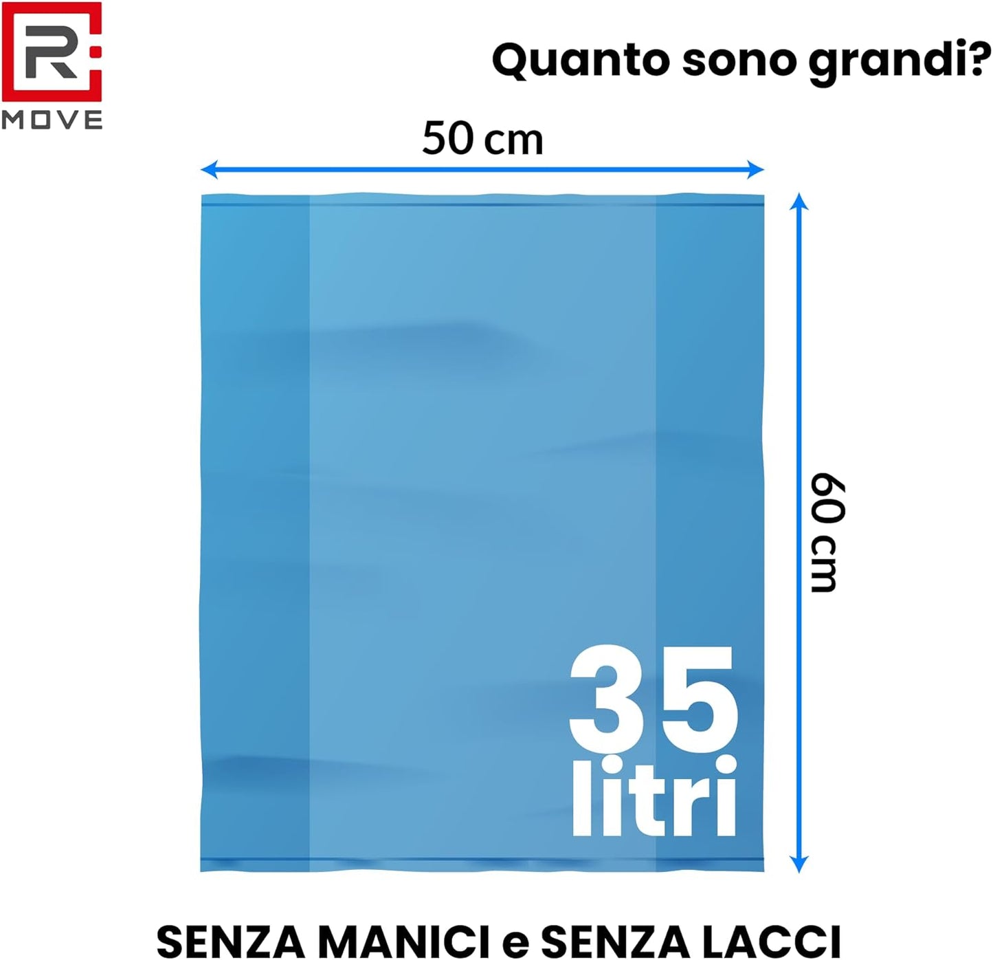 RMOVE 120 Sacchi Spazzatura 50x60 Rotoli Sacchetti Blu Indifferenziata Rifiuti Senza Manico
