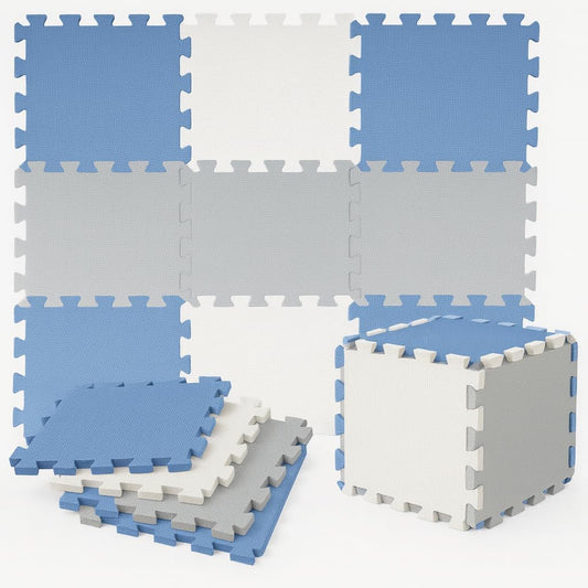 Tappeto Puzzle Antiscivolo Tappetino Multiuso per Fitness Palestra/Bambini 29,5x29,5 cm Morbido e Atossico in Gomma EVA Schiuma 30x30 Tappetone Gioco per Gattonare (18 Pezzi-Blu/Grigio)