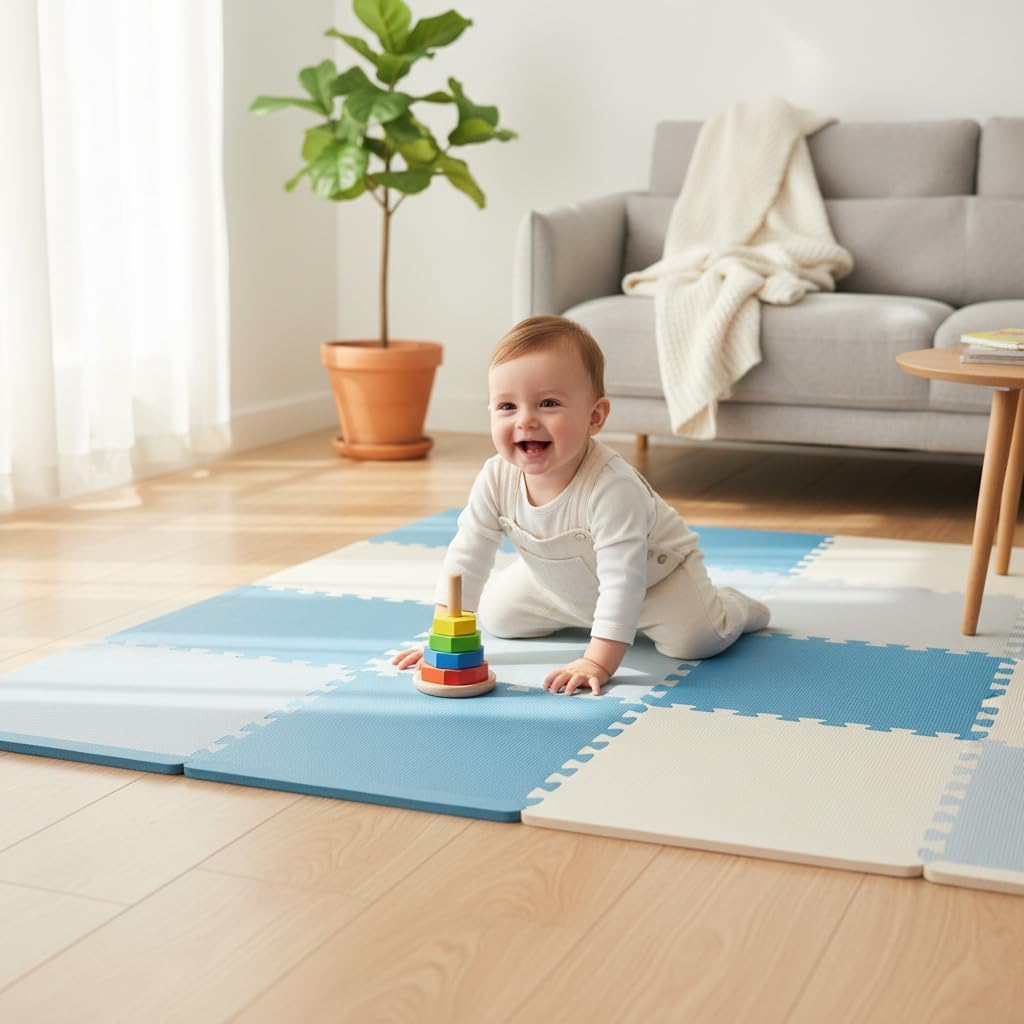 Tappeto Puzzle Antiscivolo Tappetino Multiuso per Fitness Palestra/Bambini 29,5x29,5 cm Morbido e Atossico in Gomma EVA Schiuma 30x30 Tappetone Gioco per Gattonare (9 Pezzi-Blu/Grigio)