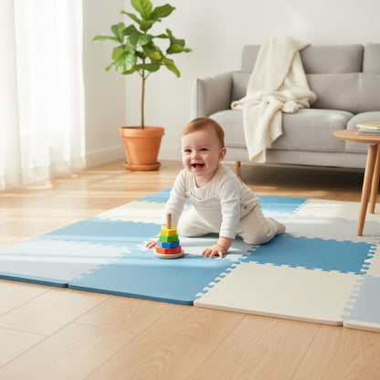 Tappeto Puzzle Antiscivolo Tappetino Multiuso per Fitness Palestra/Bambini 29,5x29,5 cm Morbido e Atossico in Gomma EVA Schiuma 30x30 Tappetone Gioco per Gattonare (9 Pezzi-Blu/Grigio)