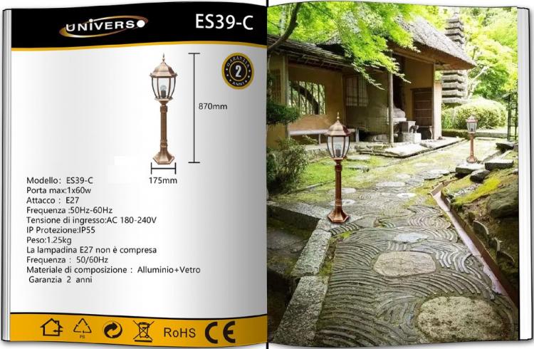 Lampione Da Giardino Terra 87Cm Lanterna Vetro E27 Luce Esterno Alluminio Bronzo