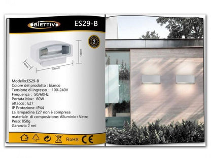 Plafoniera Da Esterno Applique Doppia Luce  Acciaio Vetro E27 Lampada Led Bianco