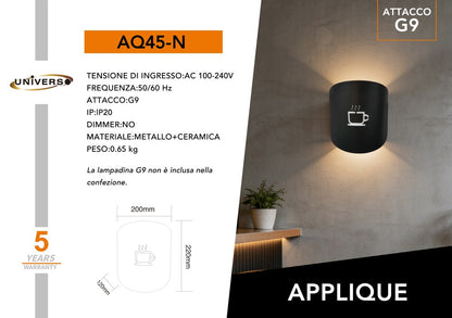Universo - Applique da Parete Decorativo a Forma di (Tazza Caffè) - Lampada da Muro in Metallo con Attacco E27 per Arredo Casa, Cucina, Bar, Ristorante, Caffetteria, B&B - Nero