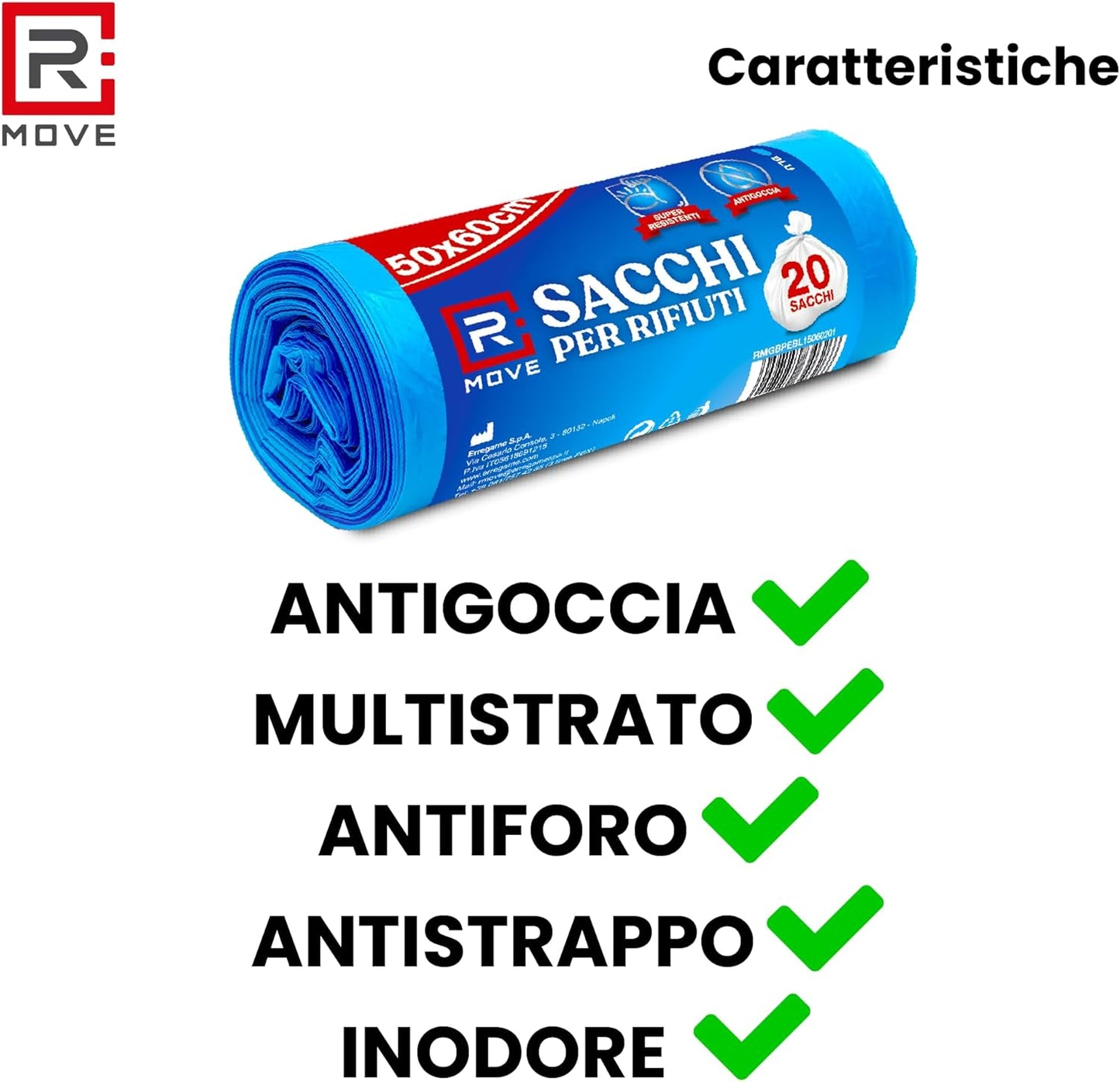 RMOVE 120 Sacchi Spazzatura 50x60 Rotoli Sacchetti Blu Indifferenziata Rifiuti Senza Manico