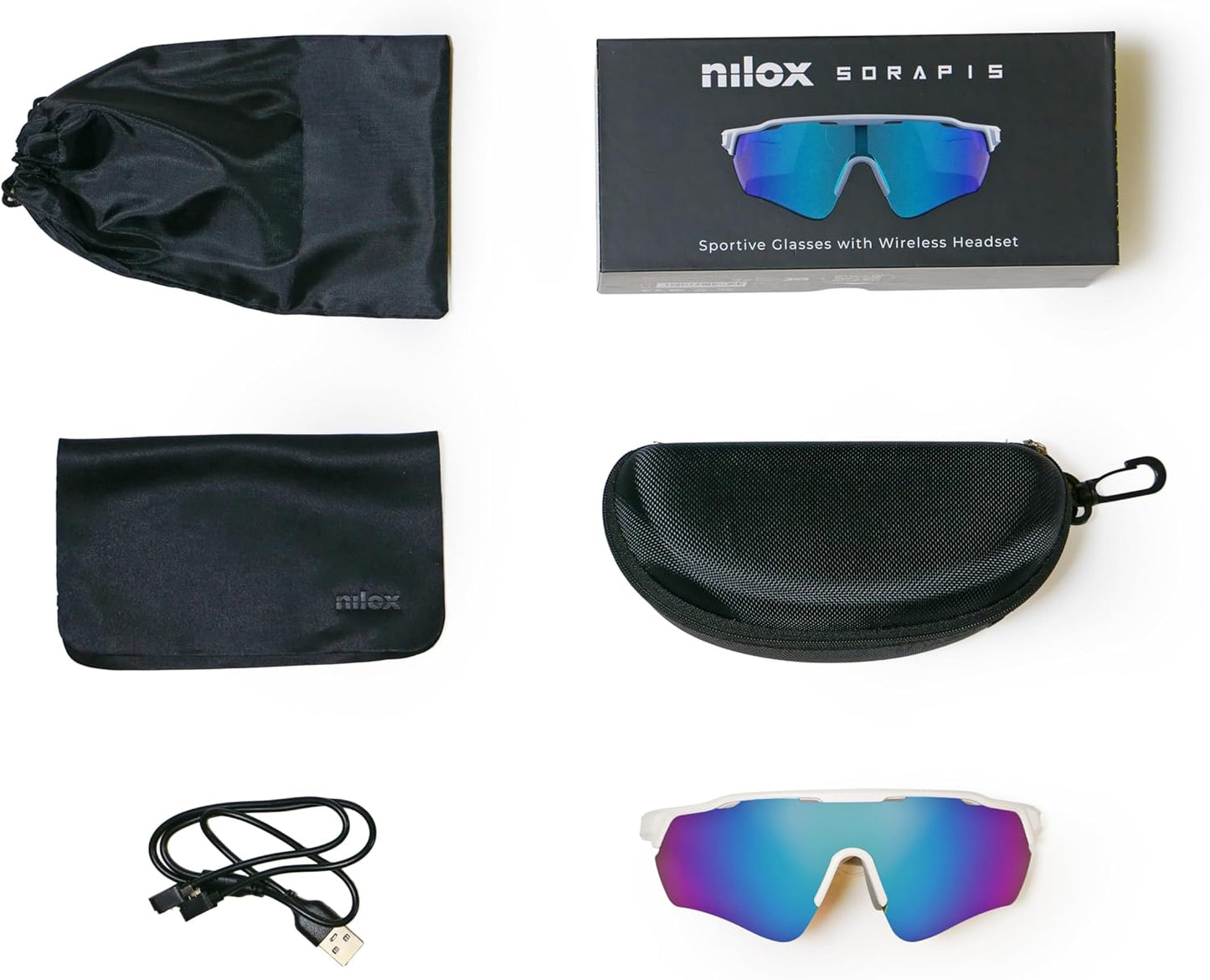 Nilox Occhiali Smart Sportivi SOPRAPIS con Audio Open-Ear, Altoparlanti Integrati, Controllo Vocale Siri e Google, Lenti con Filtro Luce Blu, Design Ergonomico e Resistente IPX5
