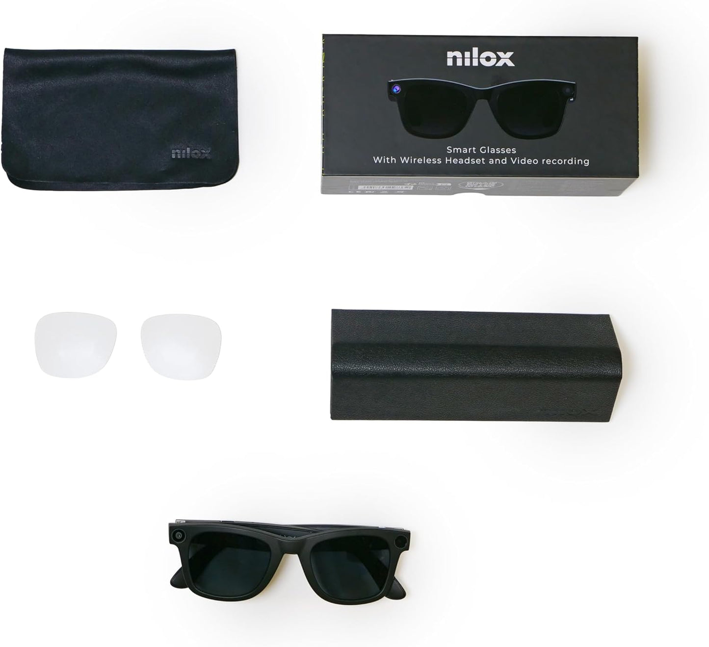 Nilox Occhiali Smart Video con Fotocamera 8MP, Registrazione Full HD UV400, Audio Open-Ear, Lenti Intercambiabili Trasparenti e Solari, Filtro Luce Blu, Autonomia Fino a 18 Ore