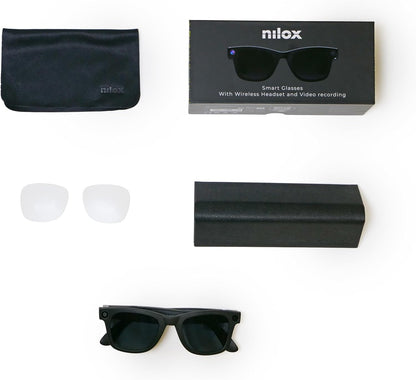 Nilox Occhiali Smart Video con Fotocamera 8MP, Registrazione Full HD UV400, Audio Open-Ear, Lenti Intercambiabili Trasparenti e Solari, Filtro Luce Blu, Autonomia Fino a 18 Ore