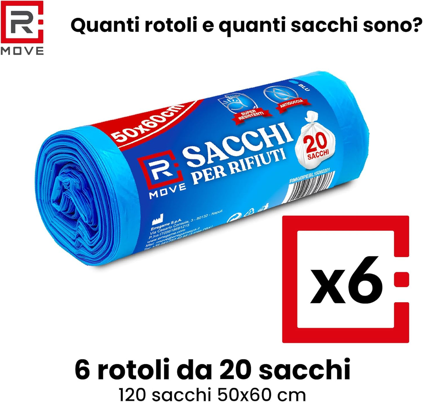 RMOVE 120 Sacchi Spazzatura 50x60 Rotoli Sacchetti Blu Indifferenziata Rifiuti Senza Manico