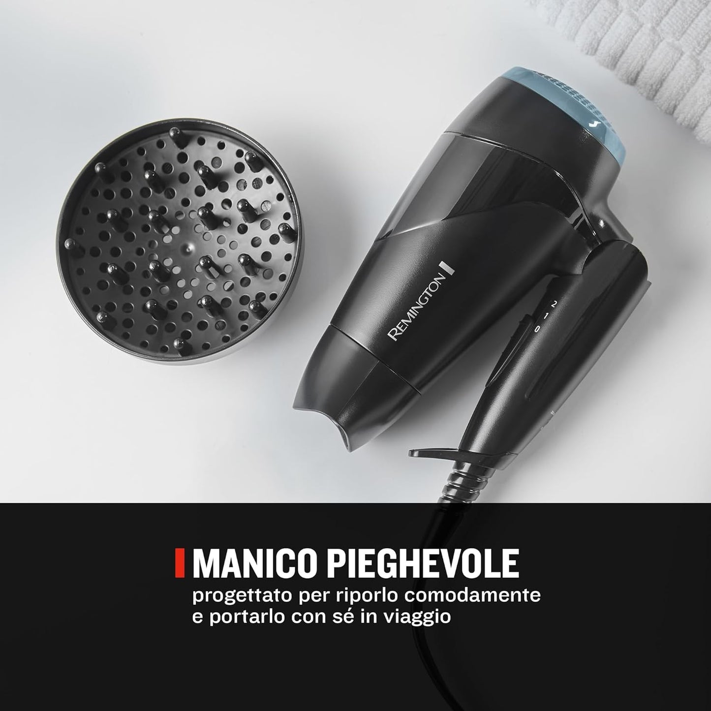 Remington Asciugacapelli 2000W - Pieghevole e Potente - Phon da Viaggio, Bacchetta e Diffusore per styling, 2 livelli di riscaldamento e ventola, On The Go D1500