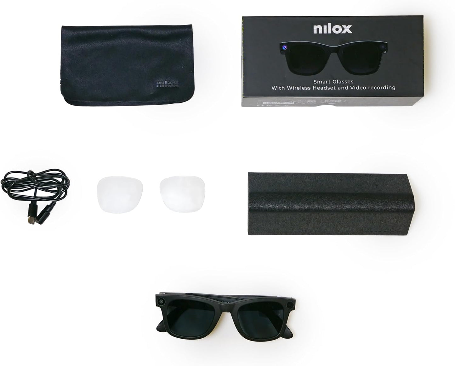 Nilox Occhiali Smart Video con Fotocamera 8MP, Registrazione Full HD UV400, Audio Open-Ear, Lenti Intercambiabili Trasparenti e Solari, Filtro Luce Blu, Autonomia Fino a 18 Ore