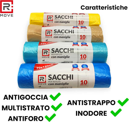 RMOVE 40 Sacchi Spazzatura 70x110 4Rotoli Sacchetti Grandi Differenziata Rifiuti