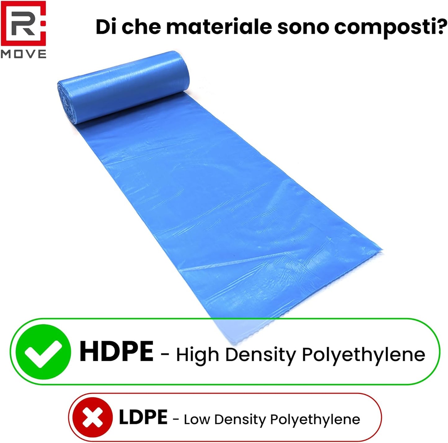RMOVE 120 Sacchi Spazzatura 50x60 Rotoli Sacchetti Blu Indifferenziata Rifiuti Senza Manico