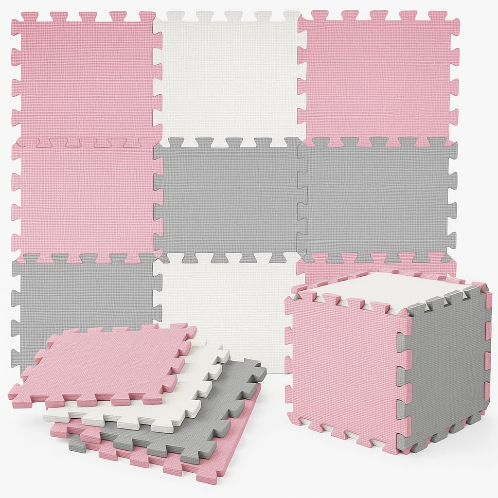 Tappeto Puzzle Antiscivolo Tappetino Multiuso per Fitness Palestra/Bambini 29,5x29,5 cm Morbido e Atossico in Gomma EVA Schiuma 30x30 Tappetone Gioco per Gattonare (18 Pezzi-Rosa/Grigio)