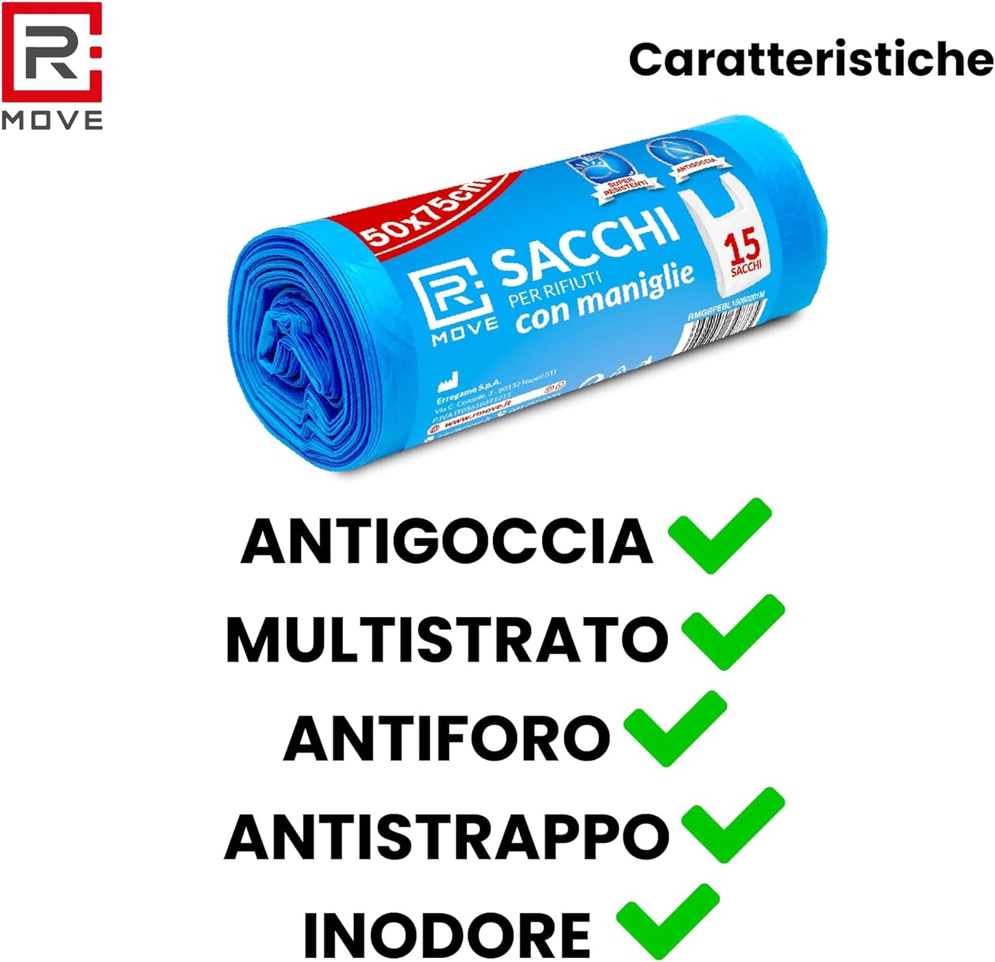 RMOVE 90 Sacchi Spazzatura 50x75 Rotoli Sacchetti Blu Indifferenziata Rifiuti Con Manico