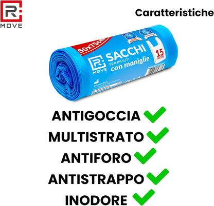 RMOVE 90 Sacchi Spazzatura 50x75 Rotoli Sacchetti Blu Indifferenziata Rifiuti Con Manico