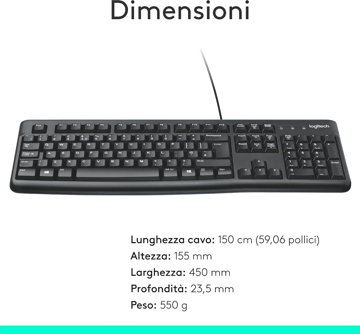 Logitech K120 Tastiera Business Pc Cablata Usb Layout Italiano Qwerty Silenziosa