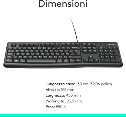 Logitech K120 Tastiera Business Pc Cablata Usb Layout Italiano Qwerty Silenziosa