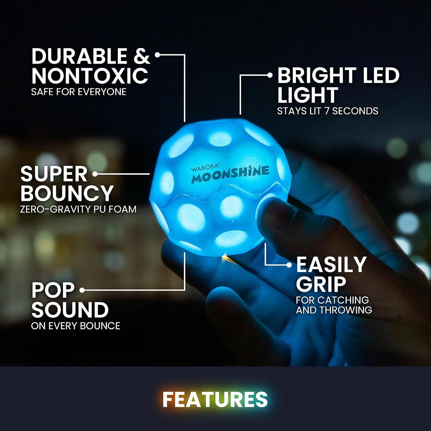 Waboba Pallina Moon Ball Moonshine Light Up 1pz Glow In The Dark Rimbalzante - 3 Colori - Light Up Moon Ball Led Hyper Bouncy - Extra Bounce Land Ball