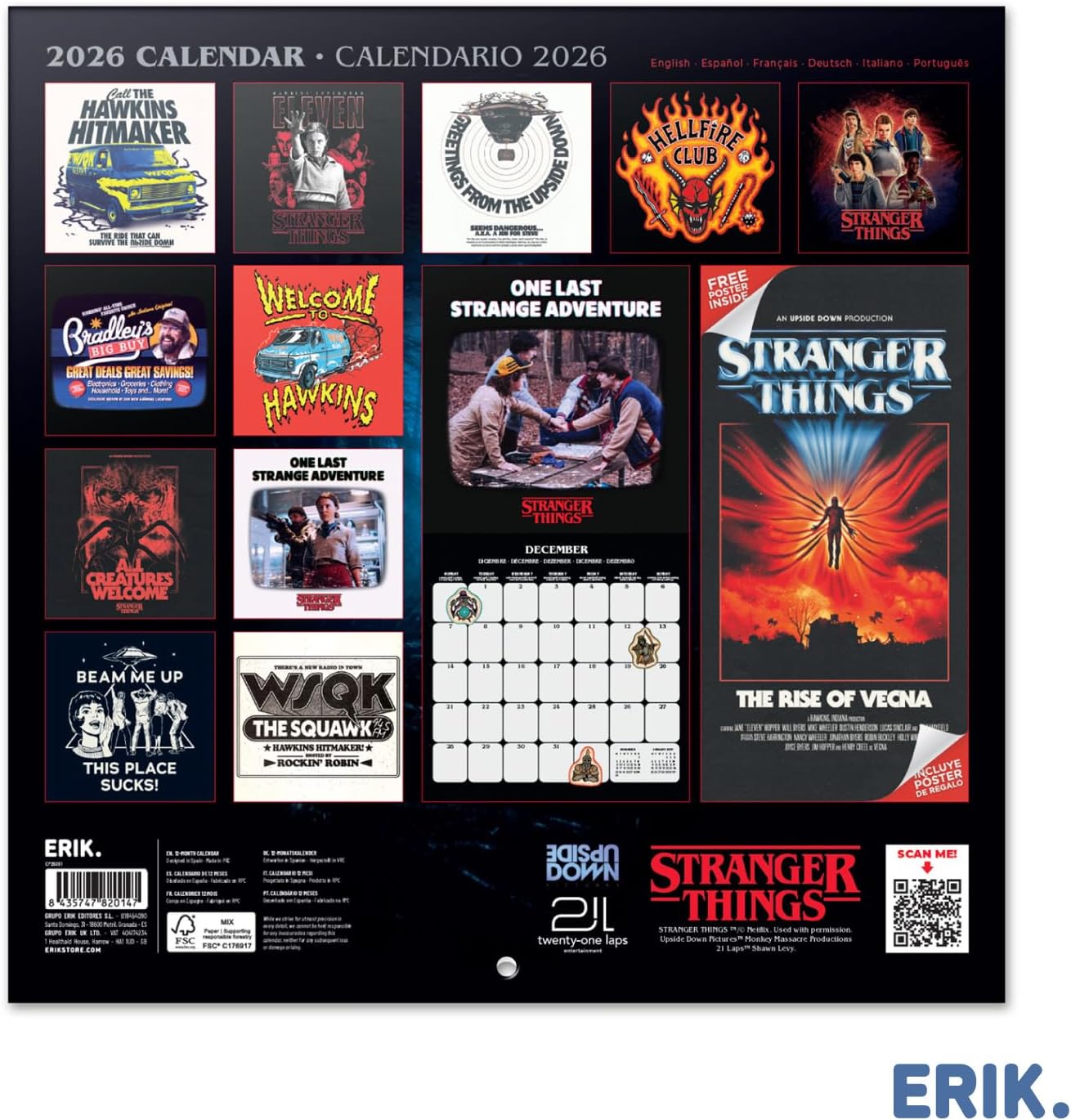 Calendario 2026 (Stranger Things) da Muro/Parete 30X30 con Gadget + Poster da Parete in Regalo - Licenza ufficiale