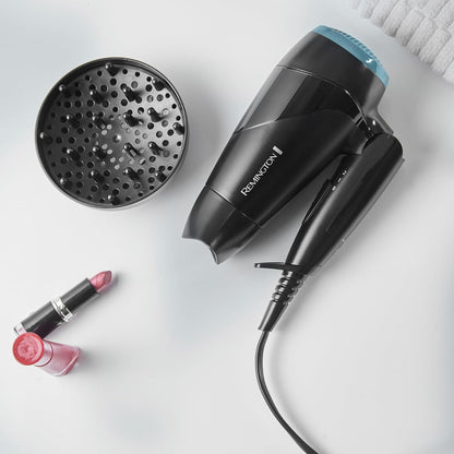 Remington Asciugacapelli 2000W - Pieghevole e Potente - Phon da Viaggio, Bacchetta e Diffusore per styling, 2 livelli di riscaldamento e ventola, On The Go D1500