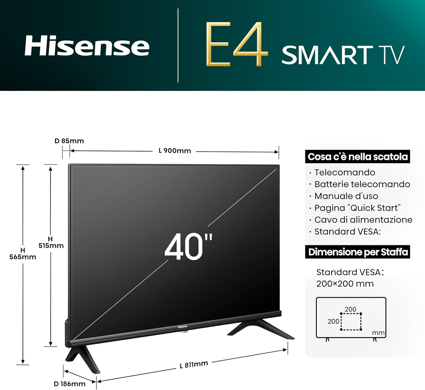 Hisense Smart Tv 40" Vidaa 40E43Nt Full Hd Led Android Wi-Fi Hdmi Usb Hdr Nero