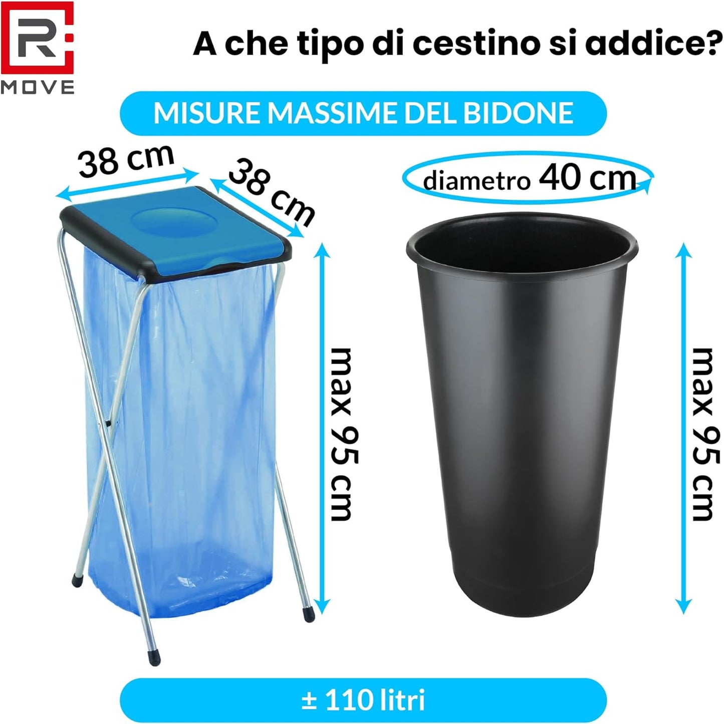RMOVE 40 Sacchi Spazzatura 70x110 4Rotoli Sacchetti Grandi Differenziata Rifiuti