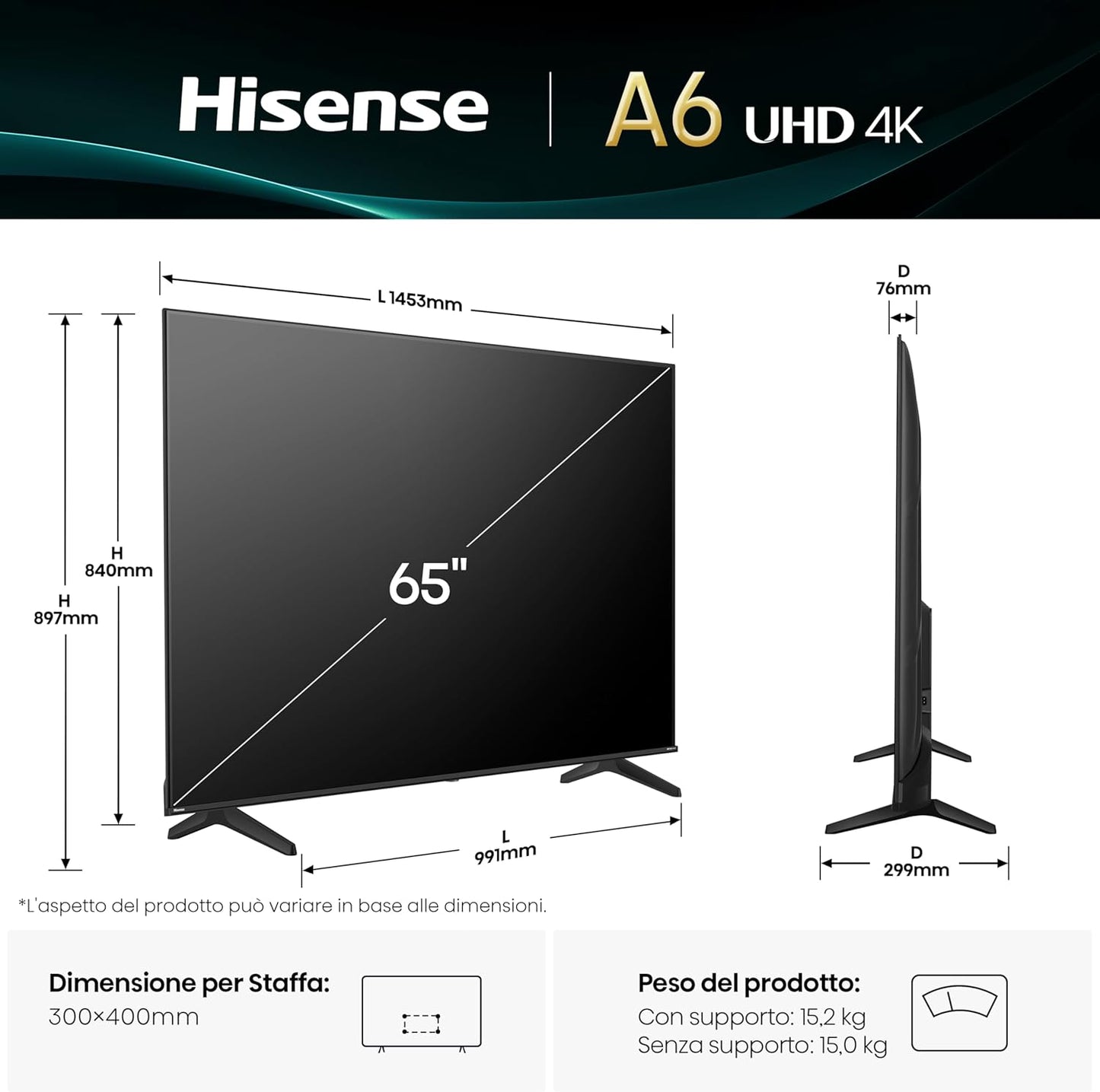 Hisense Smart TV 65" UHD 4K Ultra HD 65A6Q Led Android Wi-Fi Hdmi Hdr