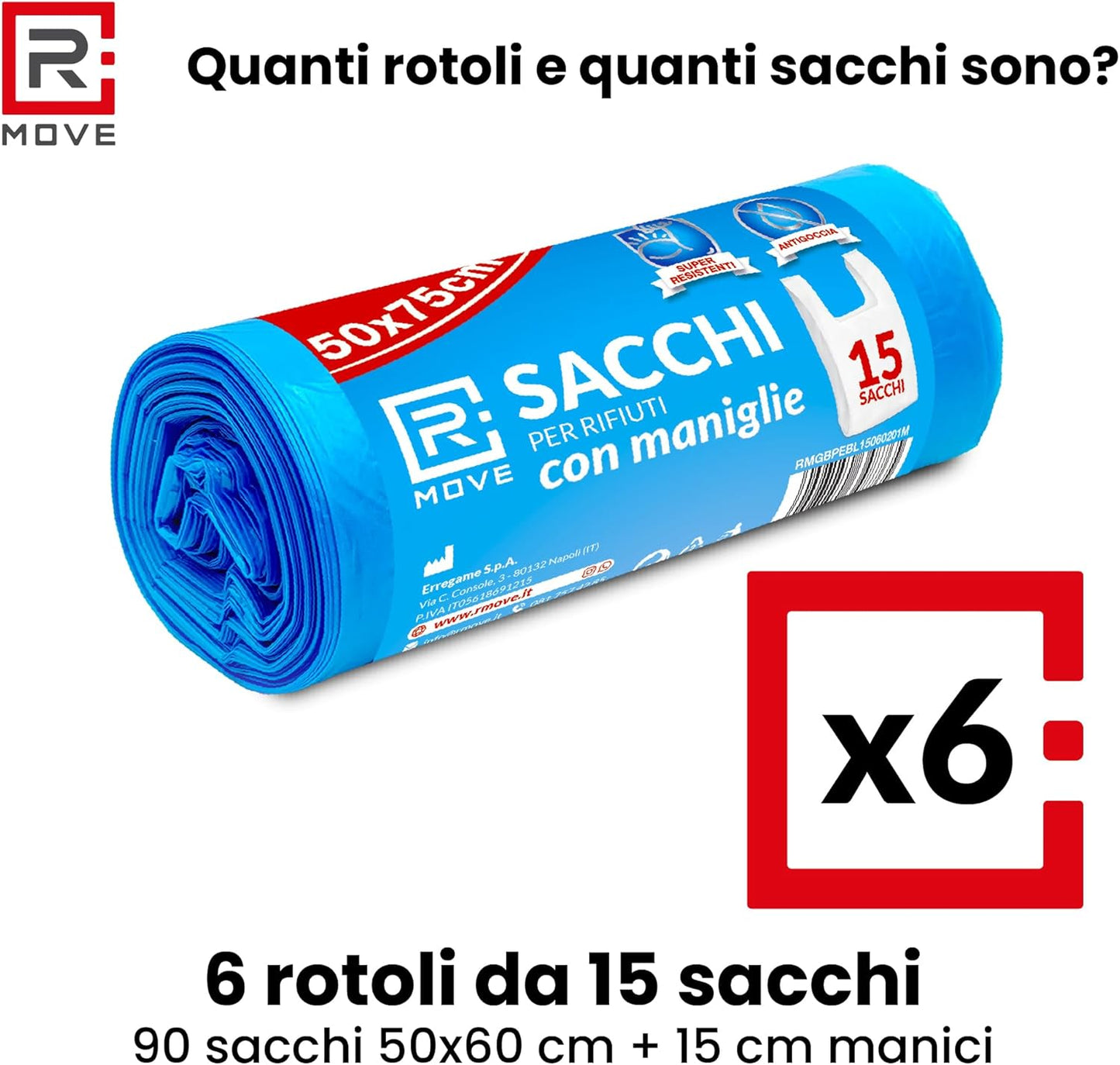 RMOVE 90 Sacchi Spazzatura 50x75 Rotoli Sacchetti Blu Indifferenziata Rifiuti Con Manico