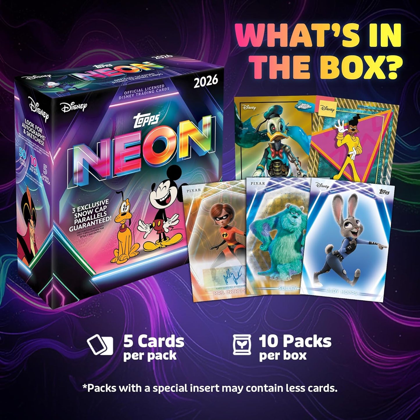 Topps Neon Disney 2026 Mega Box Card Collezionabili 50 Carte Ufficiali - 10 Buste TCG