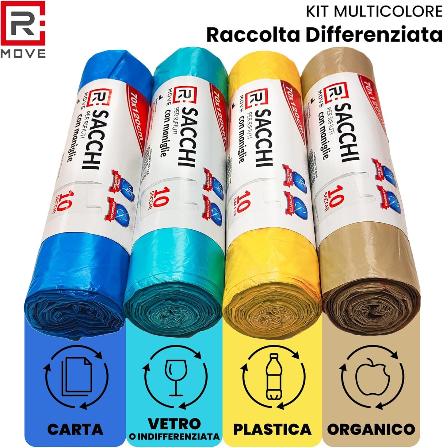 RMOVE 40 Sacchi Spazzatura 70x110 4Rotoli Sacchetti Grandi Differenziata Rifiuti