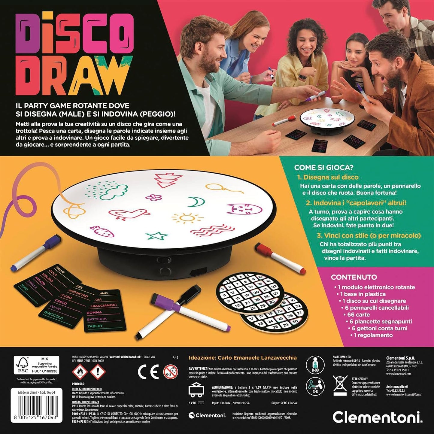 Clementoni -  Gioco da Tavolo Disco Draw Party Game con Lavagna Girevole