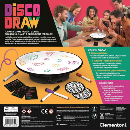 Clementoni -  Gioco da Tavolo Disco Draw Party Game con Lavagna Girevole