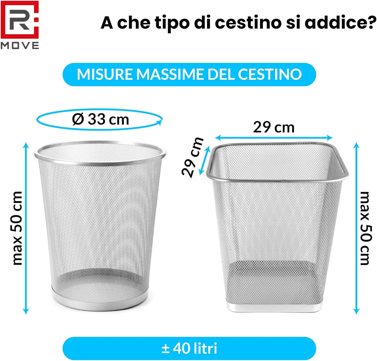 RMOVE 90 Sacchi Spazzatura 50x75 Rotoli Sacchetti Blu Indifferenziata Rifiuti Con Manico