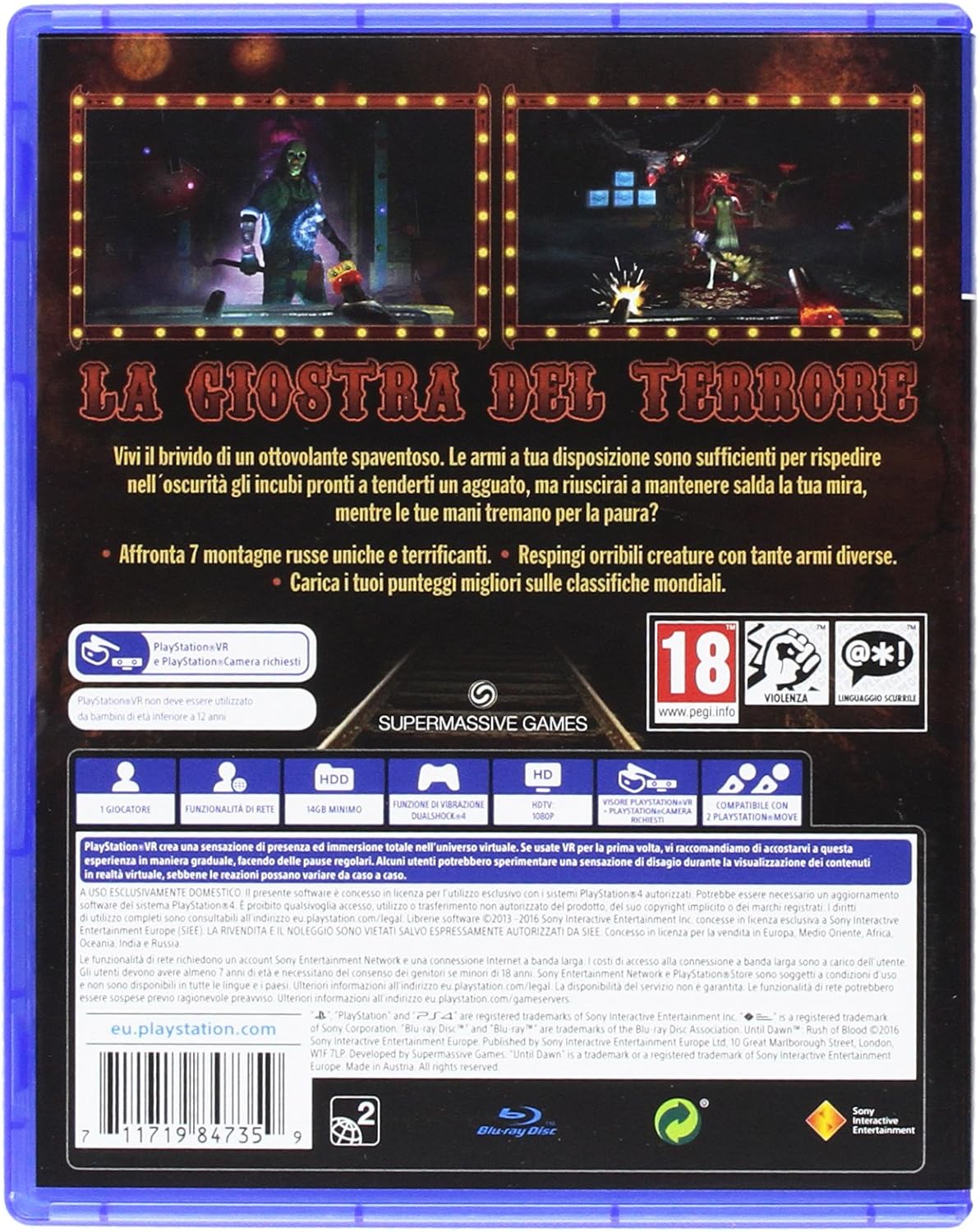 Until Dawn - Rush Of Blood VR Ps4 Gioco Multilingua Playstation 4 Nuovo