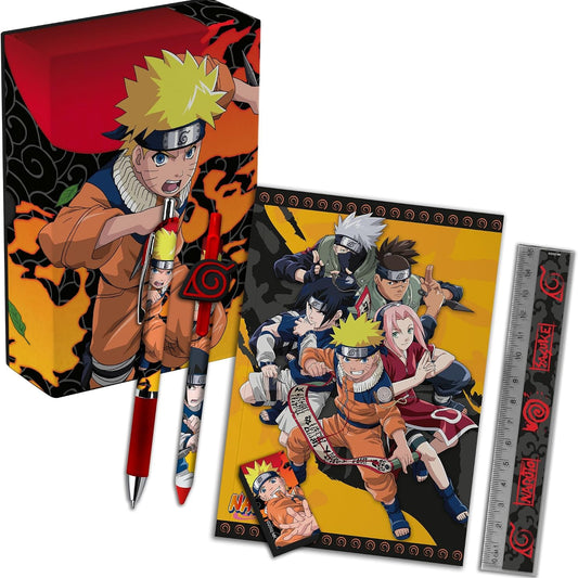 Set Scolastico Naruto: 2 Penne 1 Righello 1 Gomma Da Cancellare + Quadernino