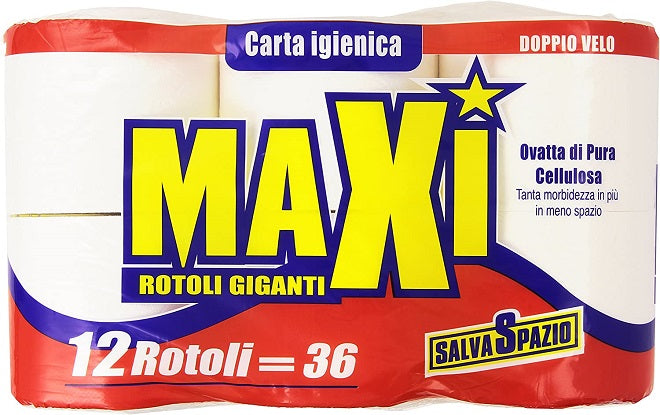 Maxi Carta Igienica Confezione Da 12Pz Ovatta Di Pura Cellulosa Doppio Velo Wc